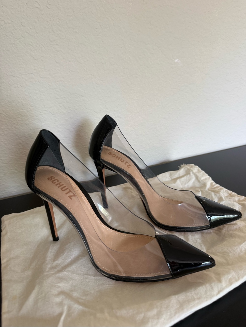 SCHUTZ Black Patent & Clear Pointed Stiletto Pumps